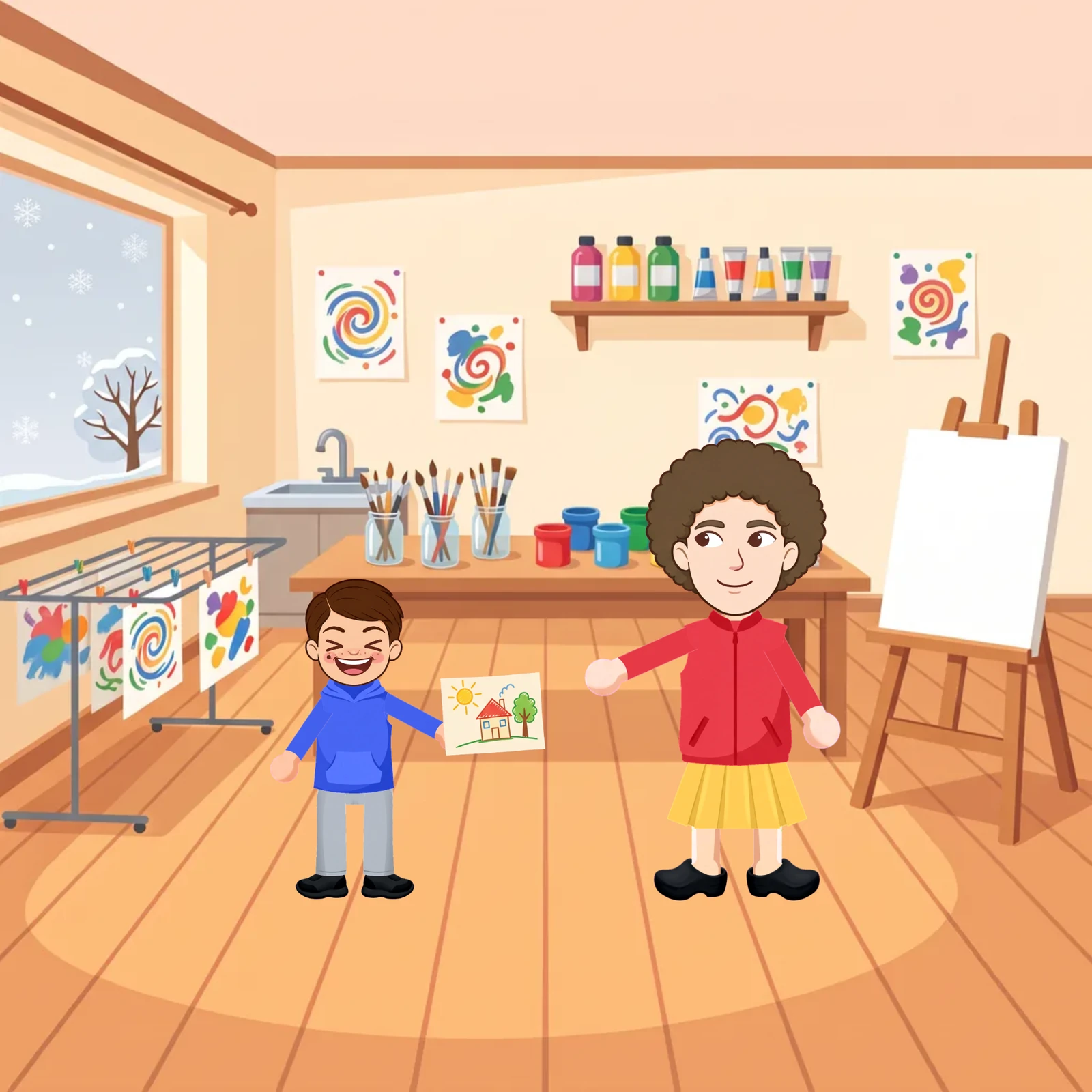 A boy holding a drawing of a house and a woman in a red jacket standing by an easel in an art room.