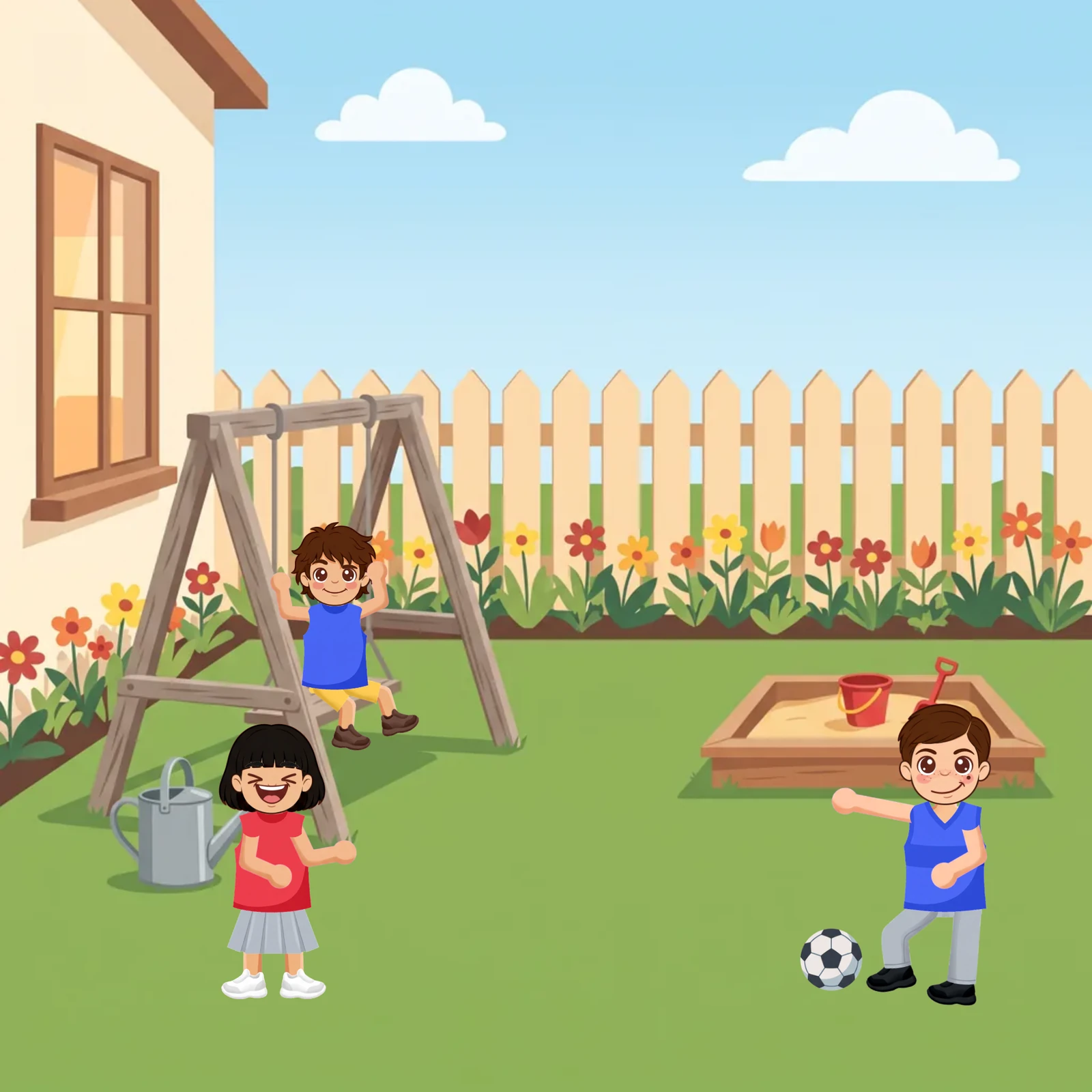 Three children in a backyard: one on a swing, one by a watering can, and one with a football beside a sandbox.