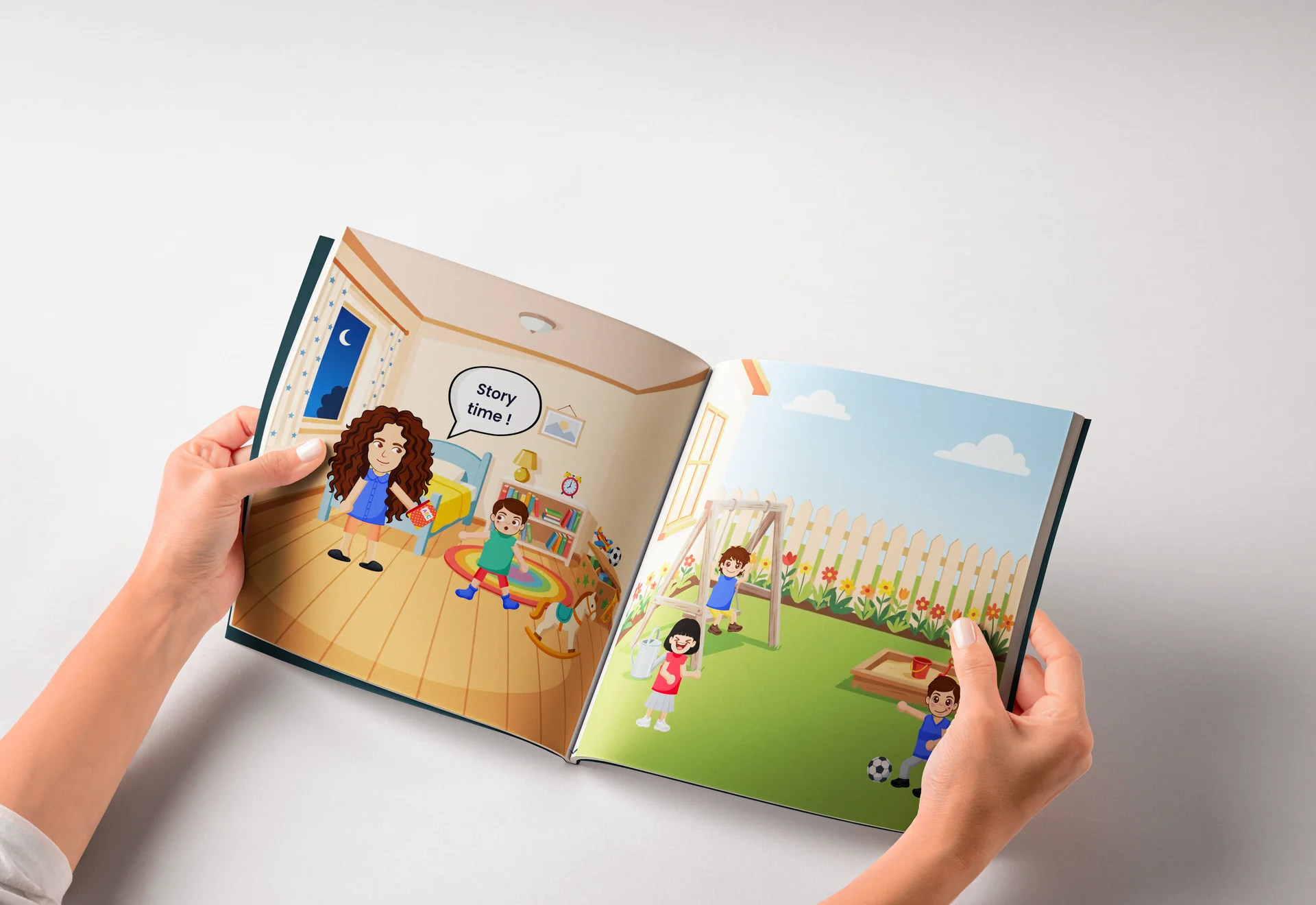 Hands holding an open storybook, with a bedroom page on the left and a backyard page on the right.